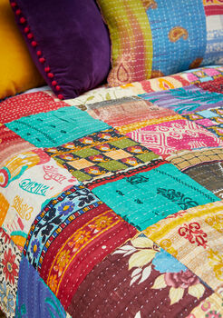Handmade Kantha Patchwork Quilted Bedspread Cover Throw, 5 of 6