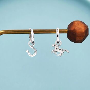Mismatched Horse And Horseshoe Huggie Hoops In Sterling Silver, 3 of 10