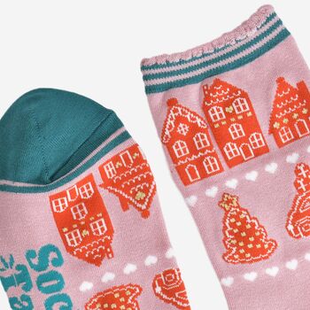 Women's Bamboo Socks Pink Gingerbread Village, 4 of 5