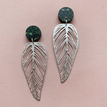 Statement Silver Plated Leaf Drop Stud Earrings, 3 of 4