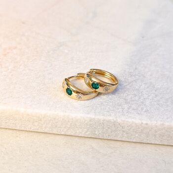Emerald Green Cubic Zirconia Huggie Hoops Earrings, 2 of 3