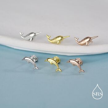 Mismatched Narwhal Unicorn Whale And Dolphin Stud Earrings In Sterling Silver, 5 of 12