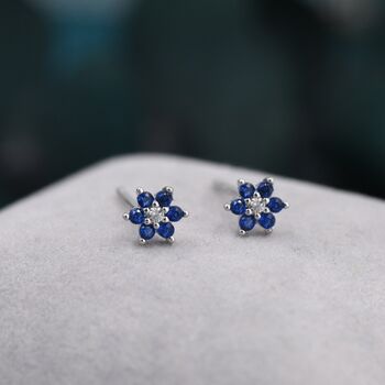 Sapphire Blue Cz Flower Stud Earrings Sterling Silver, 3 of 11