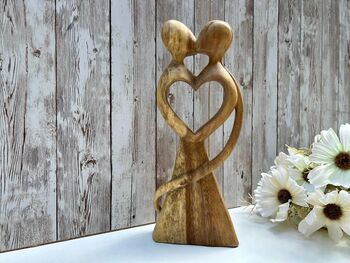 Hand Carved Wooden Lovers With Heart Teak Ornament Figurine Sculpture, 4 of 9
