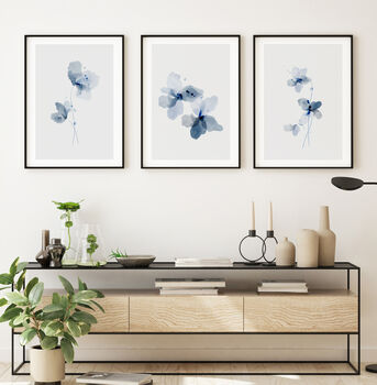 Set Of Three Blue Floral Watercolour Art Prints, 5 of 7