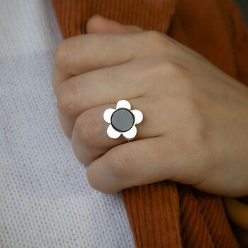Sterling Silver Flower Onyx Open Ring, 4 of 5