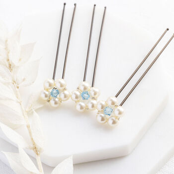 Set Of Three Something Blue Pearl Flower Hairpins, 2 of 6