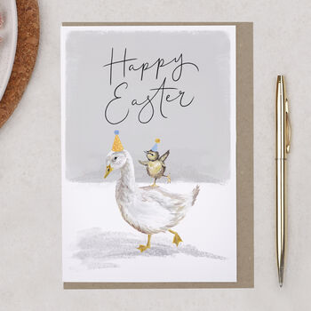 Cute Duck And Chick With Party Hats Easter Card, 2 of 2