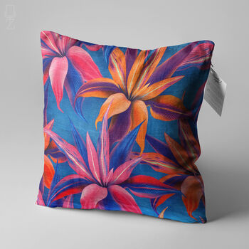 Pink And Orange Flowers On Blue Cushion Cover, 3 of 7