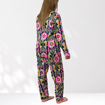 Ikat Print 100% Cotton Ladies Pyjamas In Navy And Pink, 7 of 8