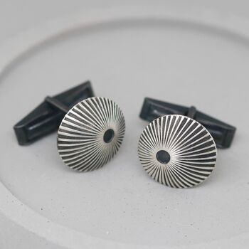 Sterling Silver And Black Cufflinks With Sunburst Motif, 2 of 12