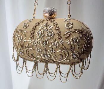 Rameesha Golden Beige Silk Embroidered Oval Clutch Bag, 3 of 3