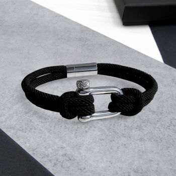 Men's Nautical Double Strand Shackle And Black Rope Bracelet, 3 of 5
