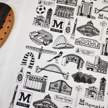 Newcastle Illustrated Black And White Tea Towel, 4 of 7