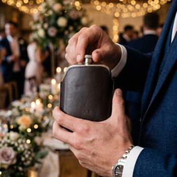 Black Hip Flask With Personalised Leather Sleeve Father's Day Gift For Him, 2 of 6