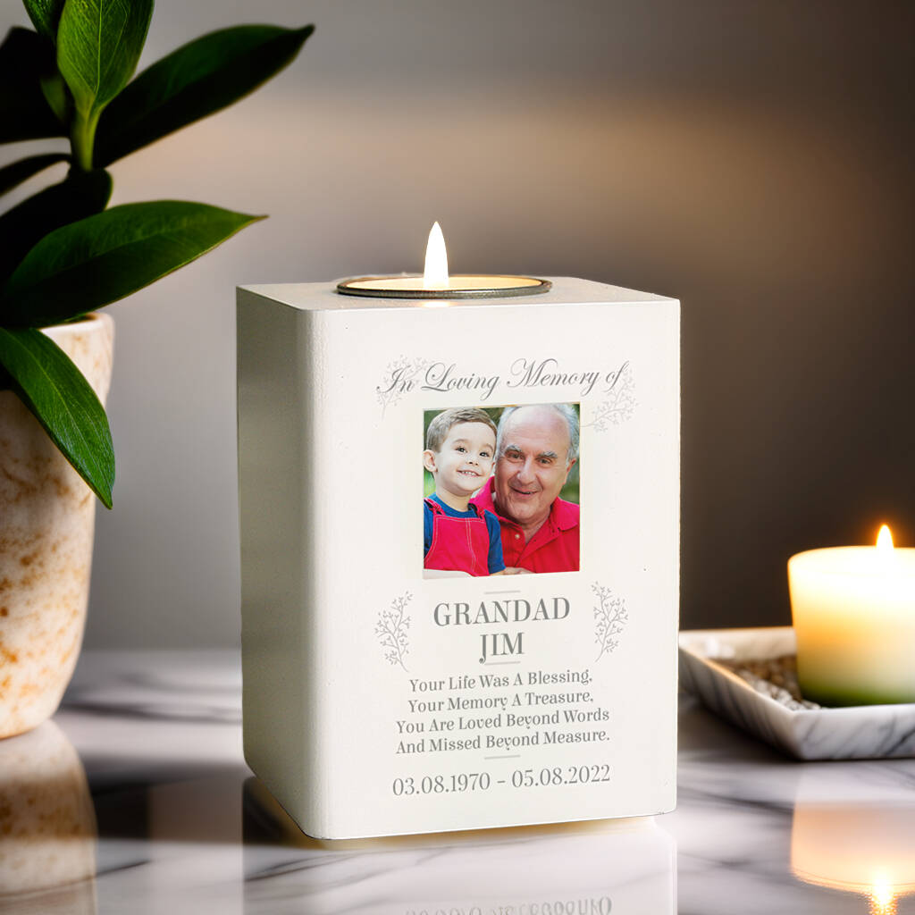 Personalised Memorial Photo Tea Light Holder – Wooden White, 1 of 5