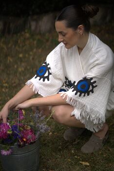 Organic Short Cotton Kimono: White With Dark Blue And Black Eye, 3 of 6