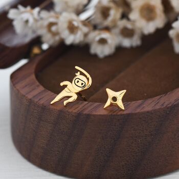 Tiny Mismatched Ninja And Ninja Shuriken Star Stud Earrings In Sterling Silver, 4 of 12