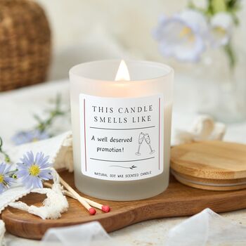 Smells Like A Promotion Funny Soy Wax Candle Gift, 2 of 12