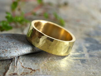 7mm Wide Hammered Effect Wedding Band In Yellow Gold, 3 of 4