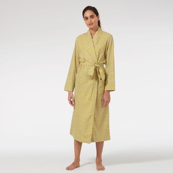 Ladies Cotton Dressing Gown In Yellow Print By Caro London