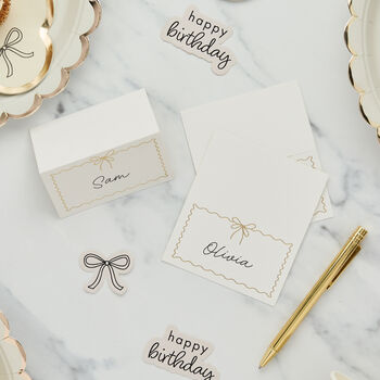 White And Gold Wavy Edge Bow Place Cards X Eight, 3 of 3