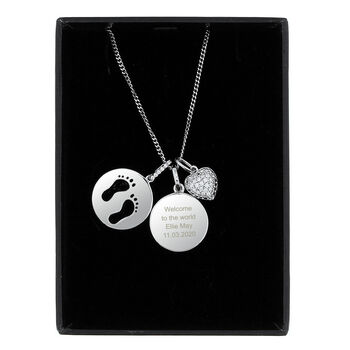 Silver Footprints And Zirconia Heart Necklace, 3 of 5