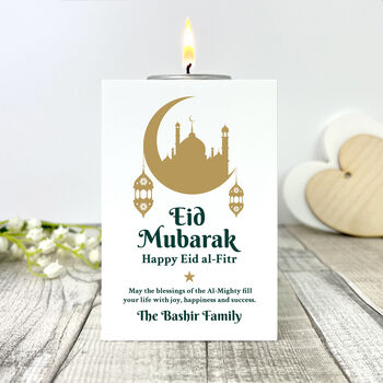 Personalised Eid Al Fitr Crescent And Lanterns White Tea Light Holder, 3 of 6