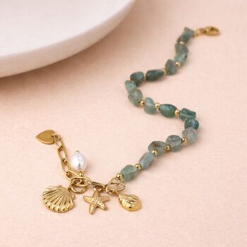 Personalised Waterproof Gold Plated Sea Charm, Pearl And Aqua Bead Bracelet, 3 of 9
