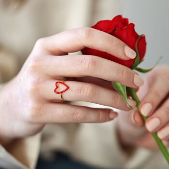 Red Enamel Heart Outline Ring In Sterling Silver, 4 of 12