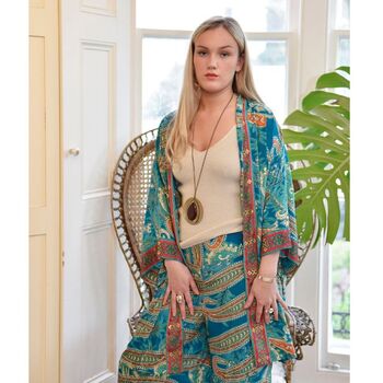 'Lennon' Turquoise And Pink Paisley Palazzo Trousers, 3 of 4