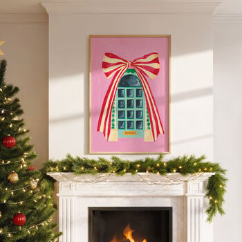 ‘Festive Door Bow’ Christmas Art Print – Pink And Green Holiday Decor, 2 of 7
