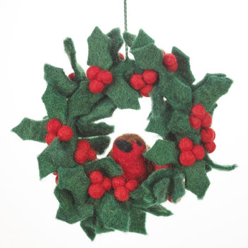 Handmade Felt Christmas Holly Mini Wreath With Robin, 2 of 4