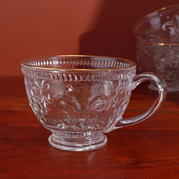 G Decor Set Of Four Marcelle Fleur De Lis Glass Mugs Embossed Cups With Gold Rim, 2 of 4