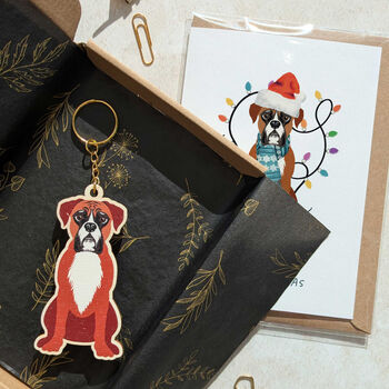 Boxer Dog Wooden Keyring With Optional Christmas Card, 4 of 12