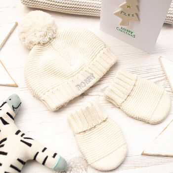 First Christmas Personalised Bobble Hat And Mittens Set, 5 of 10