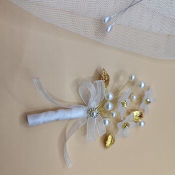 Pearl And Gold Wedding Boutonniere For Groom And Groomsmen, 9 of 11