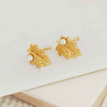 Gold Plated Leaf Earrings With Pearl, 2 of 6