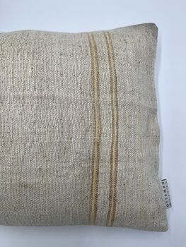 Oblong, Natural, Hemp, Neutral, Woven, Grain Sack, Striped Cushion With Cotton Reverse Trio Of Ochre And Brown Stripes Brown Middle, 3 of 5
