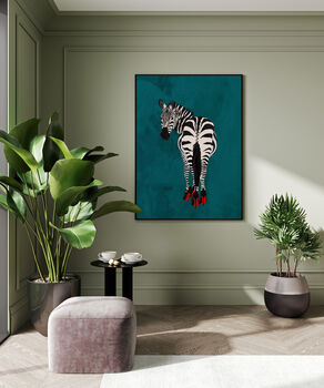 Turquoise Zebra Wearing Heels Original Art Print, 3 of 9