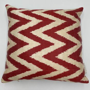 Square Ikat Silk Cushion Red Zigzag, 5 of 8