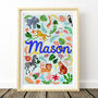 Personalised Safari Animal Name Print | Blue Jungle Nursery Decor | Baby Boy Wall Art, thumbnail 1 of 7