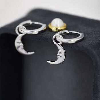 Sterling Silver Moon Face Hoop Earrings, 4 of 12