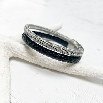 Stainless Steel And Leather Rope Mens Bracelet, 3 of 12