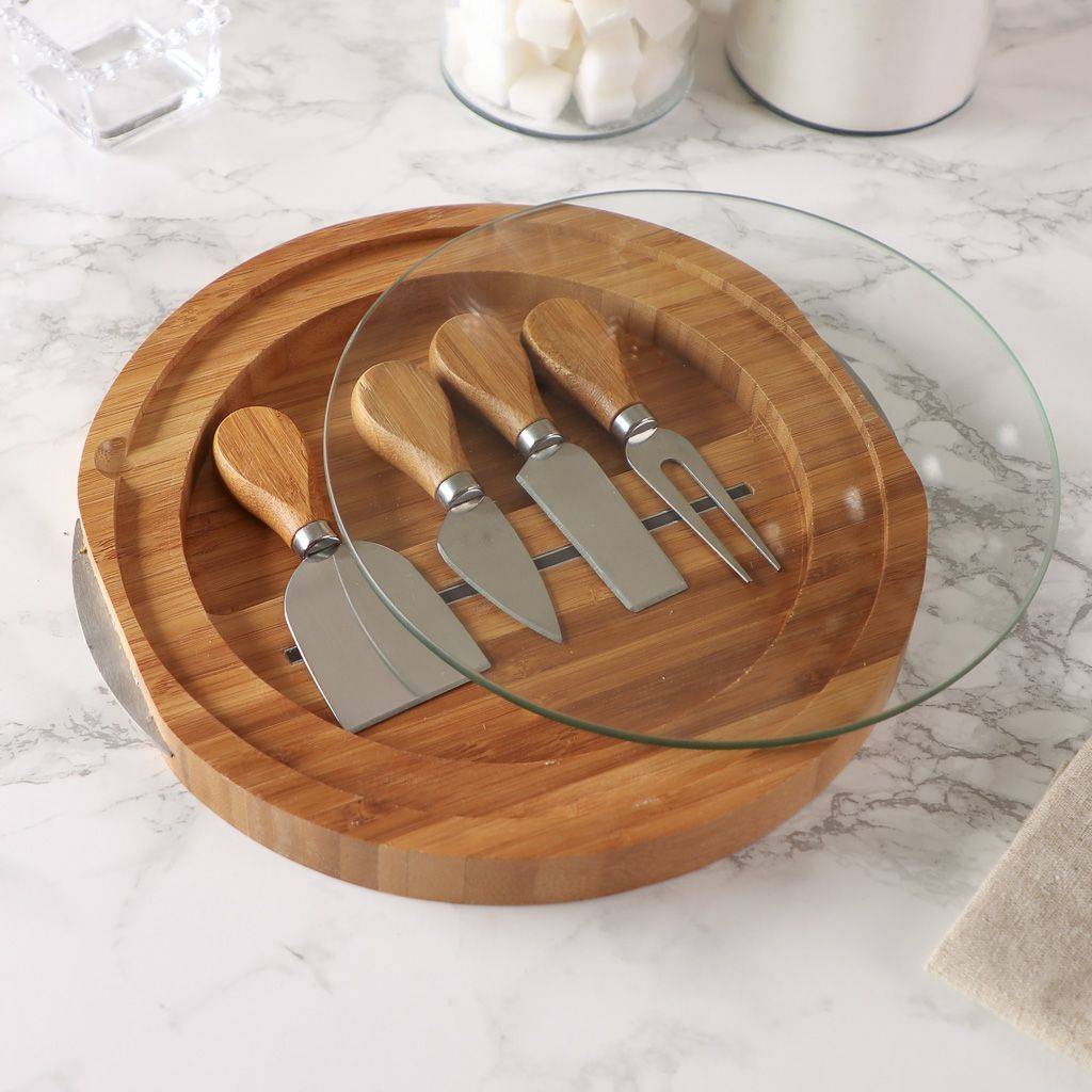 Four Piece Wood And Glass Cheese Serving Set By Dibor