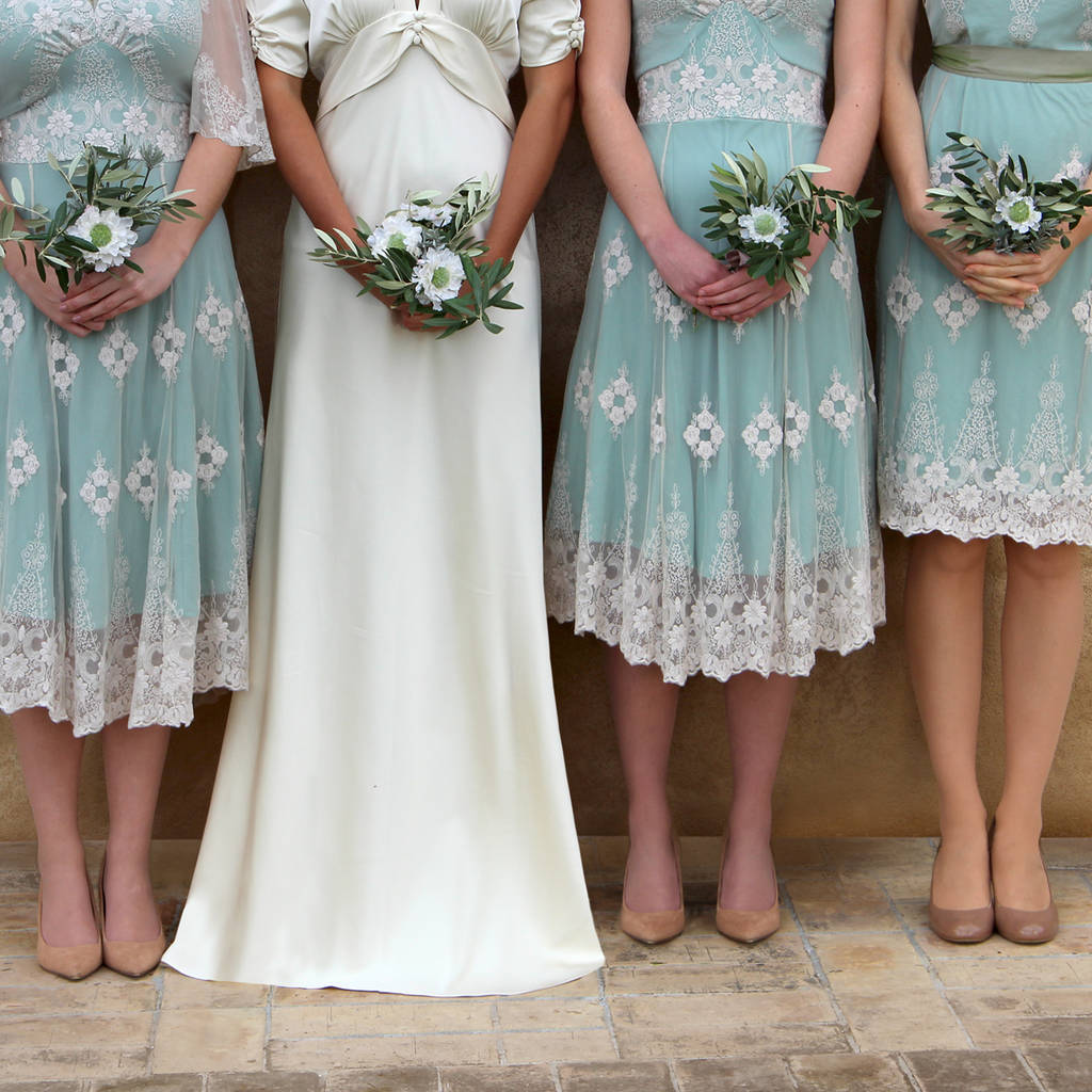 Lace Bridesmaids Dresses In Ivory And Reef Green, 1 of 6