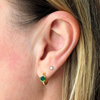 Green Onyx Tiny Hexagon Hoop Earrings 18ct Gold Plated, 3 of 8