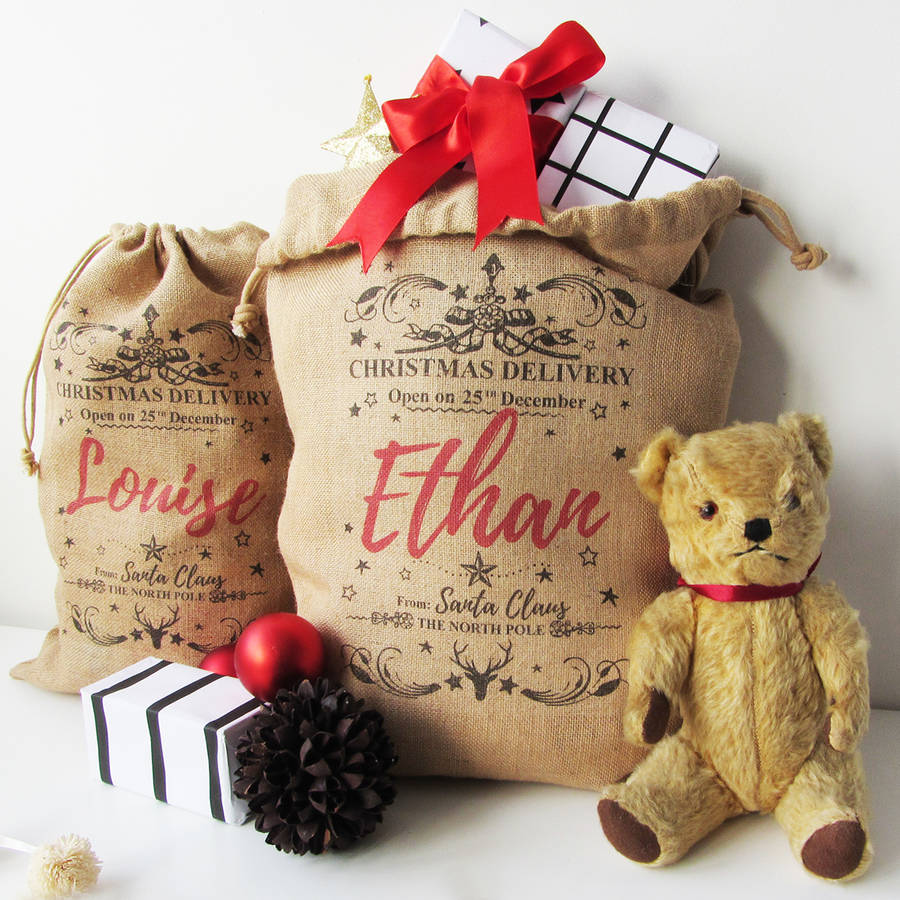 Personalised Burlap Christmas Sack In S, M, L Or Xl, 1 of 4