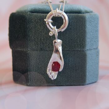Silver Hand Necklace With Ruby Heart, 2 of 3