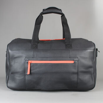 Black Leather Wide Opening Weekend Bag With Orange Zip, 6 of 9